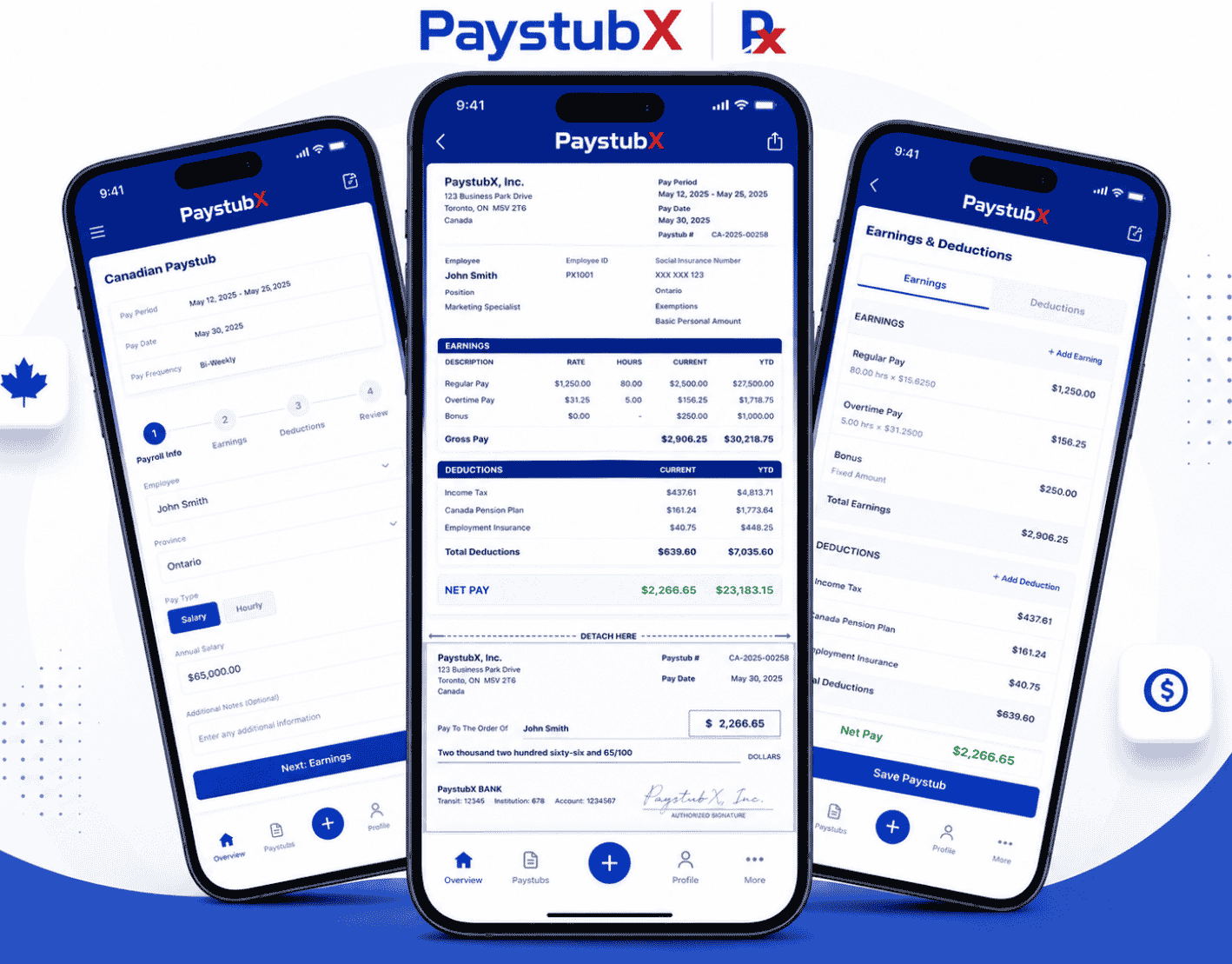 PaystubX Canada payroll and paystub software — CPP, EI and provincial tax calculations on iPhone and Android