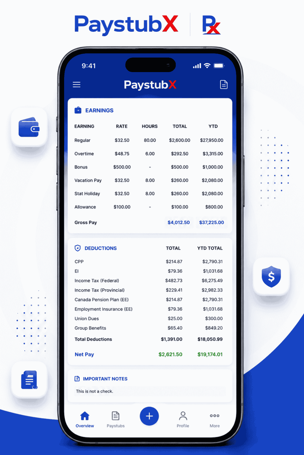 Canadian paystubs and payroll management app — preview earnings, CPP and EI deductions, and download paystub PDF