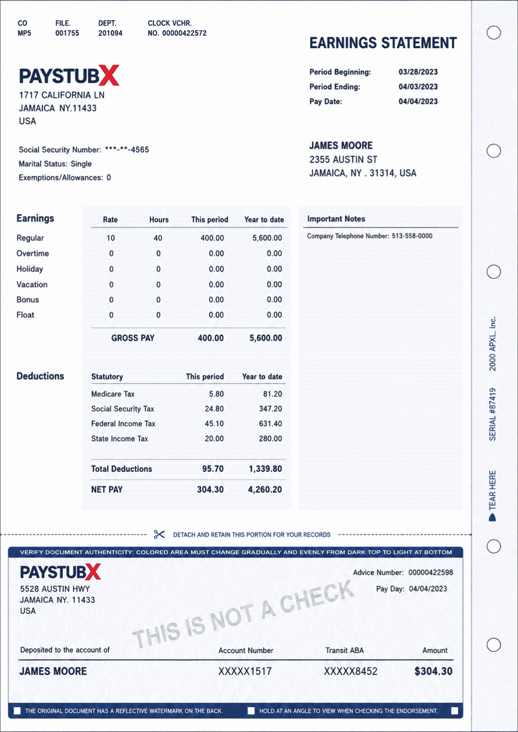 PX-101 — Blue — global paystub & payslip maker template preview